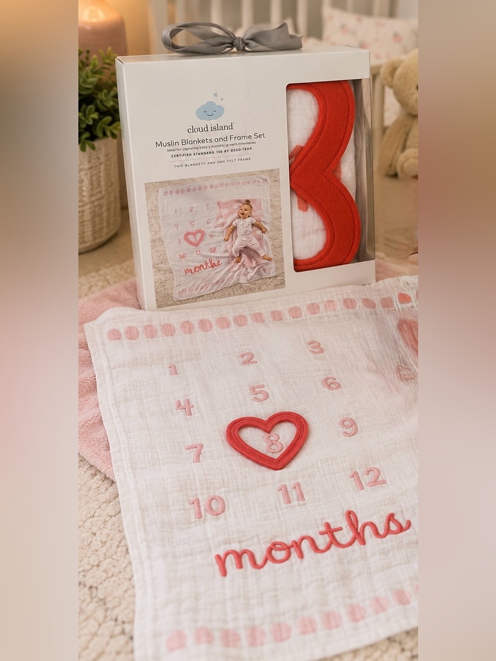 Cloud Island Muslin Milestone Blanket Set Baby Monthly Photo Blanket + Red Frame